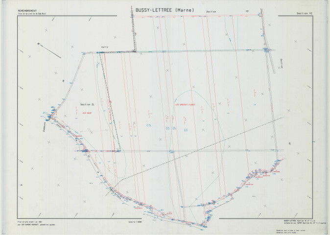 Bussy-Lettrée (51099). Section YC échelle 1/2000, plan remembré pour 1991 (extension sur Vatry section ZL), plan régulier (calque)