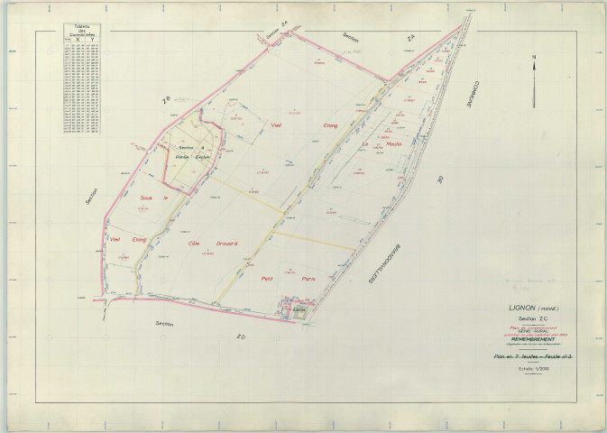 Lignon (51322). Section ZC échelle 1/2000, plan remembré pour 1969, plan régulier (papier armé)