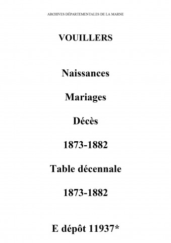 Vouillers. Naissances, mariages, décès et tables décennales des naissances, mariages, décès 1873-1882