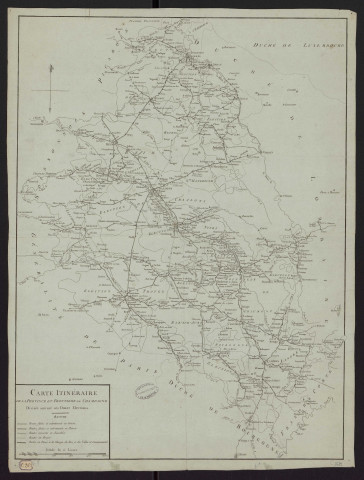 Carte itinéraire de la Province et frontière de Champagne divisée selon ses douze élections. Échelle de 15 lieues, légende. 57,5 x 44