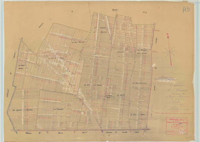 Prosnes (51447). Section A3 échelle 1/2500, plan mis à jour pour 1937, plan non régulier (papier).