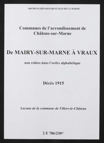 Communes de Mairy-sur-Marne à Vraux de l'arrondissement de Châlons. Décès 1915