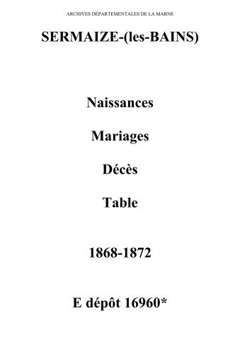 Sermaize-sur-Saulx. Naissances, mariages, décès et tables décennales des naissances, mariages, décès 1863-1872