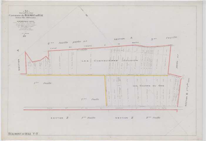 Beaumont-sur-Vesle (51044). Section Y2 2 échelle 1/1250, plan remembré pour 1922, plan régulier (papier).