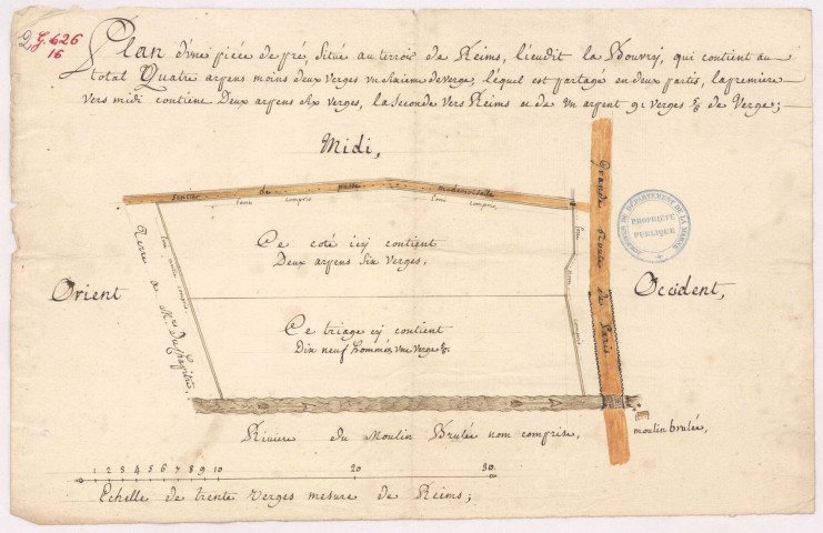 Plan d'une pièce de pré située au terroir de Reims, lieu-dit la Bouverie (s,d,)