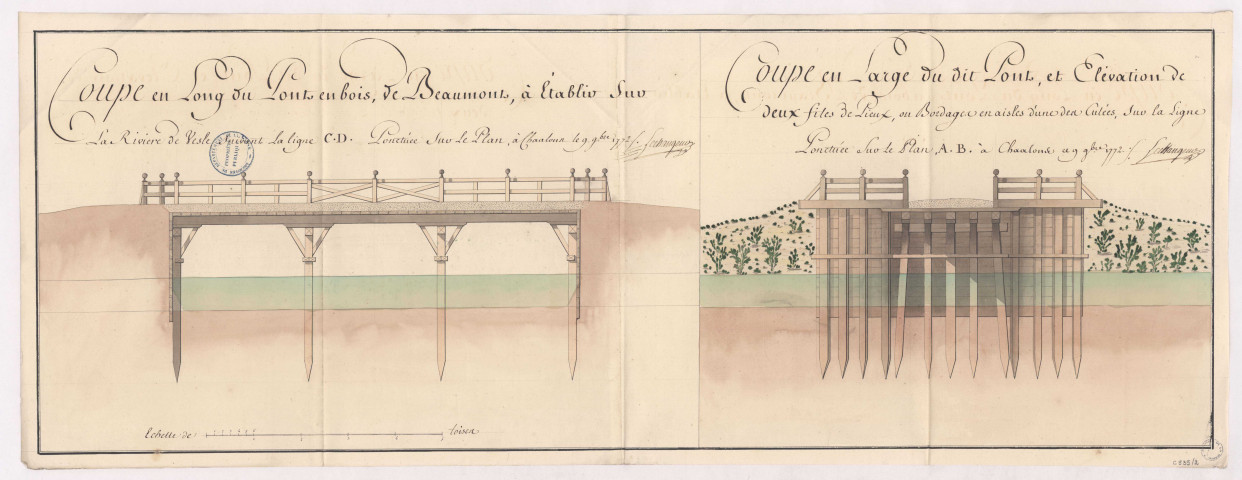 Coupes en long et en large du pont de bois de Beaumont, 1772.