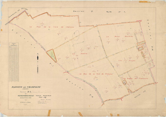 Maisons-en-Champagne (51340). Section ZL échelle 1/2000, plan remembré pour 1959 (Renouvelé pour 1959), plan régulier (papier)