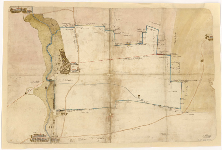 Plan des bâtiments et de la ferme de Plagnicourt, XVIe s.