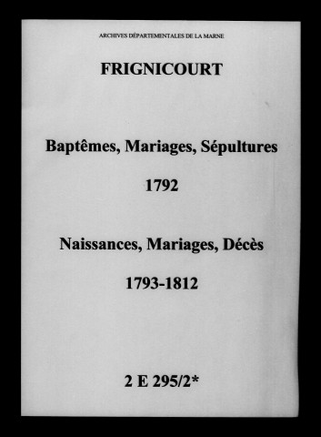 Frignicourt. Naissances, mariages, décès 1792-1812