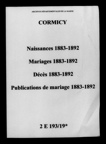 Cormicy. Naissances, mariages, décès, publications de mariage 1883-1892