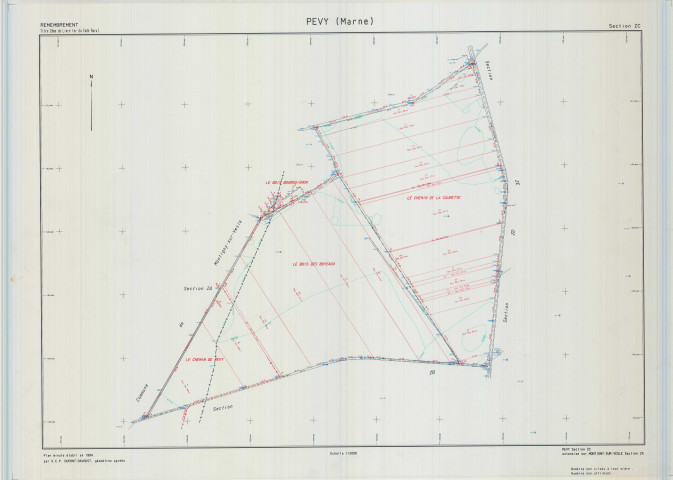 Pévy (51429). Section ZC échelle 1/2000, plan remembré pour 1997, contient une extension sur Montigny-sur-Vesle ZA, plan régulier de qualité P5 (calque).