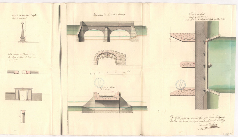 Plan de l'église de Chaumuzy, Elévation du pont de Chaumuzy, Plan d'un pont neuf à construire sur la rivière d'Ardres à l'entrée de Chaumuzy, 1771.