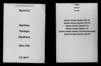 Bannay. Baptêmes, mariages, sépultures 1692-1792