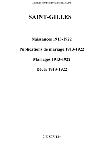 Saint-Gilles. Naissances, publications de mariage, mariages, décès 1913-1922