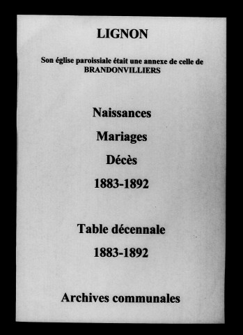 Lignon. Naissances, mariages, décès et tables décennales des naissances, mariages, décès 1883-1892
