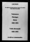 Lignon. Naissances, mariages, décès et tables décennales des naissances, mariages, décès 1883-1892