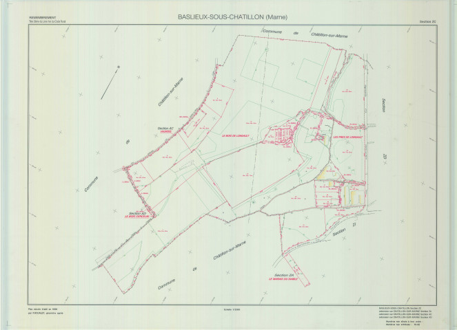 Baslieux-sous-Châtillon (51038). Section ZC échelle 1/2000, plan remembré pour 1999, contient une extension sur Chatillon-sur-Marne ZA, AC, AD, plan régulier de qualité P5 (calque).