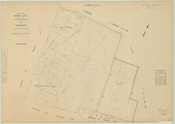 Mareuil-sur-Ay (Aÿ-Champagne 51030). Section D2 échelle 1/1000, plan refait pour 1954, plan régulier (papier).
