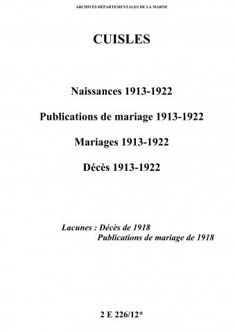 Cuisles. Naissances, publications de mariage, mariages, décès 1913-1922
