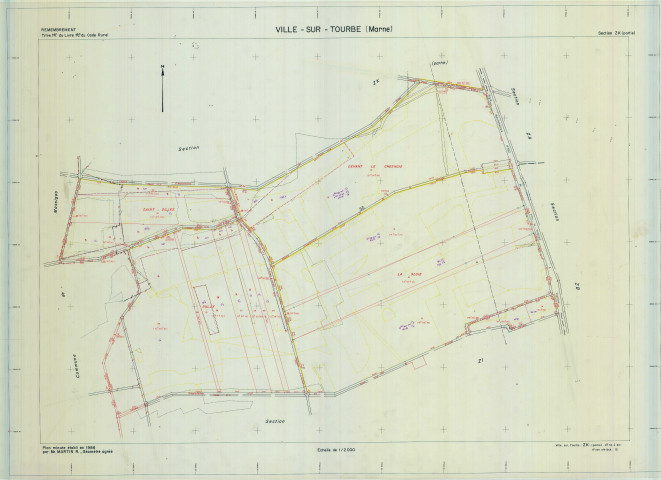 Ville-sur-Tourbe (51640). Section ZK 1 échelle 1/2000, plan remembré pour 1986, plan régulier (calque)