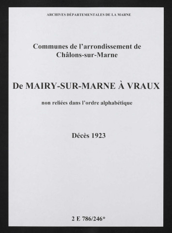 Communes de Mairy-sur-Marne à Vraux de l'arrondissement de Châlons. Décès 1923