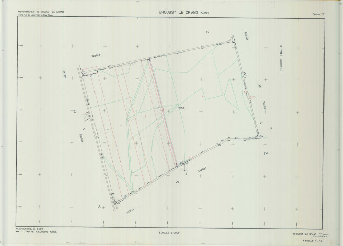 Broussy-le-Grand (51090). Section YE échelle 1/2000, plan remembré pour 01/01/1980, plan régulier de qualité P5 (calque)