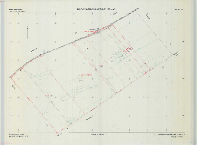 Maisons-en-Champagne (51340). Section YK échelle 1/2000, plan remembré pour 1989 (extension sur Coole section ZT), plan régulier (calque)