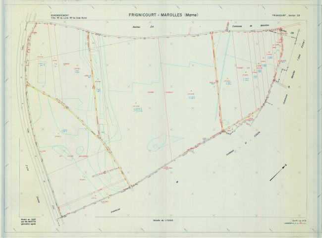 Frignicourt (51262). Section ZB échelle 1/2000, plan remembré pour 1987 (remembrement Frignicourt-Marolles, extension sur Luxemont), plan régulier (calque)