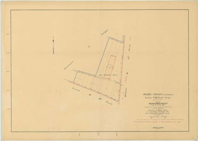 Pierre-Morains (51430). Section Y échelle 1/2000, plan remembré pour 1954 (ancienne section B2 de la commune de Coligny), plan régulier (papier)