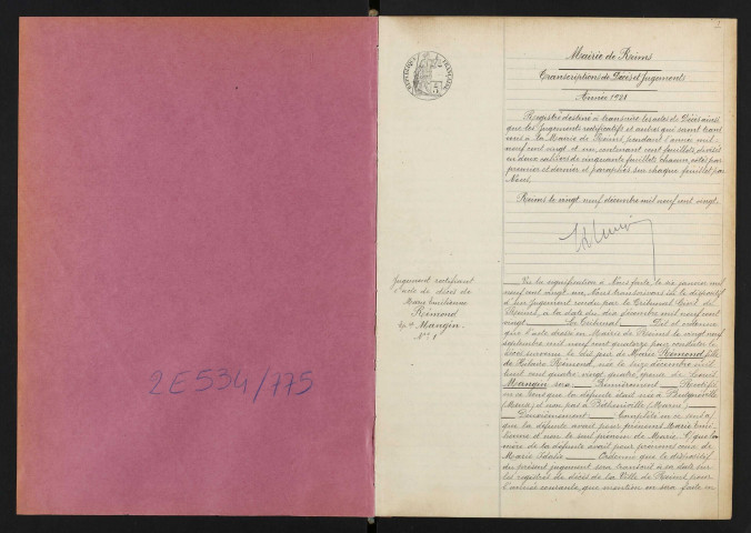 Reims. Transcriptions de décès (essentiellement de soldats Morts pour la France) et de jugements rectificatifs en 1921 : actes n° 1 à 530, table de A à Z