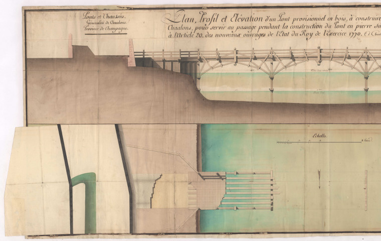 Plan de profil et élévation d’un pont à construire sur la rivière Marne à Chaalons pour servir au passage pendant la construction du pont en pierre sur la même rivière, 1772 Châlons, 1770.