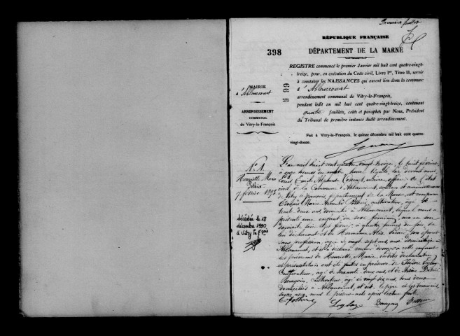 Ablancourt. Naissances, mariages, décès et tables décennales des naissances, mariages, décès 1893-1902