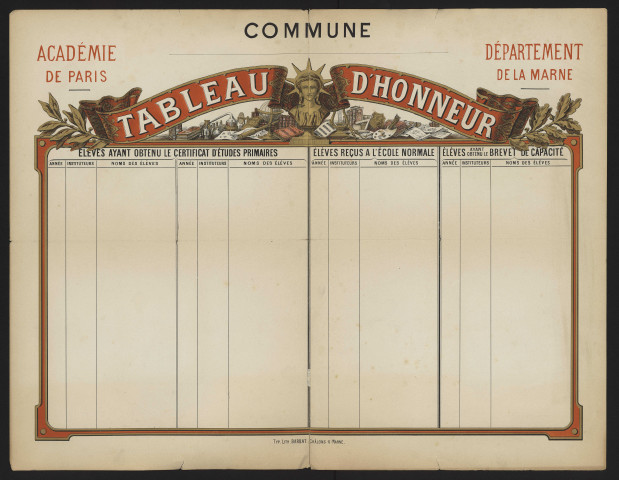 Tableau d'honneur : pièce en couleur à afficher dans une école.