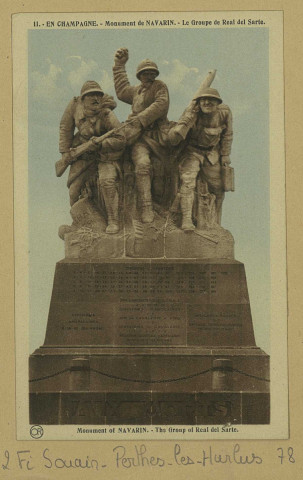 SOUAIN-PERTHES-LÈS-HURLUS. 11-En Champagne. Monument de Navarin. Le Groupe de Réal del Sarte. Monument of Navarin. The group of Real del Sarte. Reims Éditions Artistiques Or Ch. Brunel. [vers 1935] 