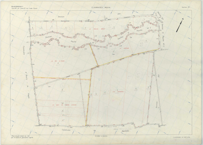 Clamanges (51154). Section ZY échelle 1/2000, plan remembré pour 1971, plan régulier (papier armé)