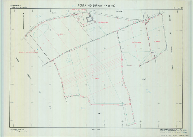 Fontaine-sur-Ay (51256). Section ZK échelle 1/2000, plan remembré pour 2003, contient une extension sur Tauxières-Mutry YA et sur Avenay-Val-d'Or YA, plan régulier de qualité P5 (calque).