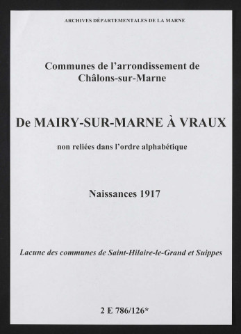 Communes de Mairy-sur-Marne à Vraux de l'arrondissement de Châlons. Naissances 1917