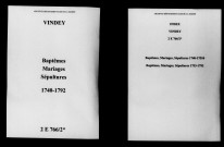 Vindey. Baptêmes, mariages, sépultures 1740-1792
