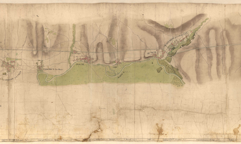 RN 4. Plan d'ensemble de la route entre Châlons et Vitry-le-François, 1749.