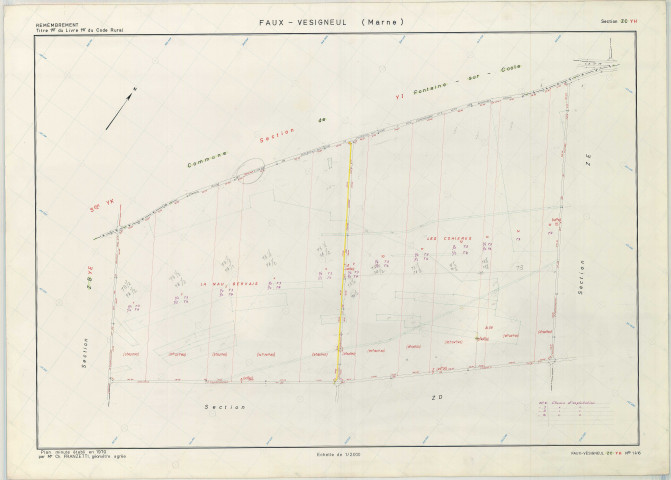 Faux-Vésigneul (51244). Section 244 ZC YH échelle 1/2000, plan remembré pour 1970, plan régulier (papier armé)