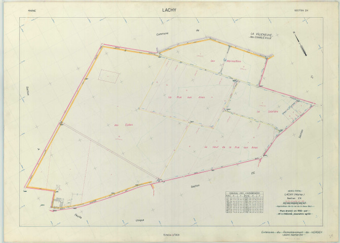 Lachy (51313). Section ZH échelle 1/2000, plan remembré pour 01/01/1968, régulier avant 20/03/1980 (papier armé)