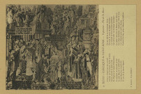 REIMS. 9. Basilique de Saint-Remi - Tapisserie - Vie de St Remi Tout le clergé par bon accord Conclut que avecques l'ayde de Dieu Seroit enterré le saint corps En l'Église de Sainct-Thimothieu. Le sarcueil ne peuvent porter Au dict lieu ni en autre part ; Prient Dieu les réconforter Et que de la facent départ. En une église anciennement faicte Est mys le corps en digne sépulture La volonté de Dieu fut lors parfaicte Car de la terre en fist large ouverture. La peste vint prs de Reims pour chassez Les corps humains ; n'épargne laid ni beau Les citoyens pour icelle chasser Portent le draps prins dedans son tombeau.
ReimsF. Rothier, phot-édit.Sans date