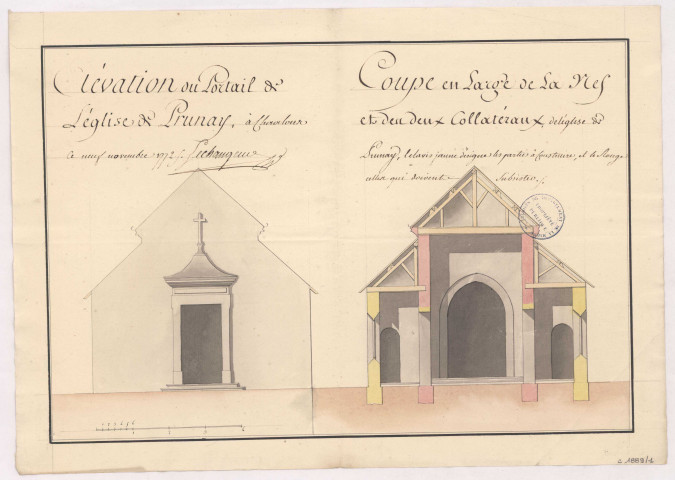Elevation du Portail et coupe en large de la nef et des deux collatéraux de l'église de Prunay, 1772.