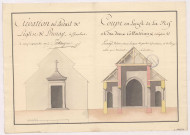 Elevation du Portail et coupe en large de la nef et des deux collatéraux de l'église de Prunay, 1772.