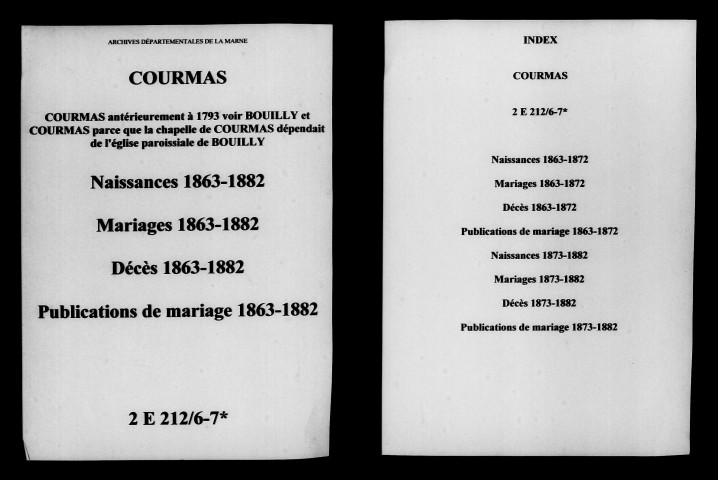 Courmas. Naissances, mariages, décès, publications de mariage 1863-1872