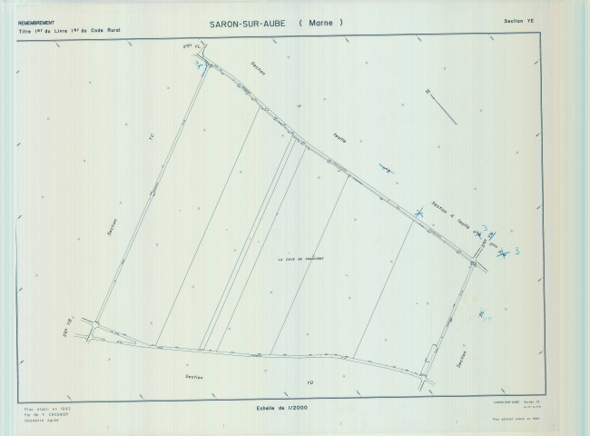 Saron-sur-Aube (51524). Section  YE échelle 1/2000, plan remembré pour 01/01/1993, plan régulier de qualité P5 (calque)