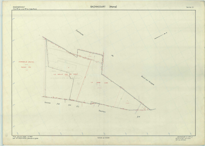 Bazancourt (51043). Section ZI échelle 1/2000, plan renouvelé pour 1967, plan régulier (papier armé).