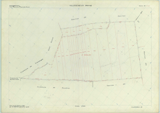 Villeseneux (51638). Section ZR échelle 1/2000, plan remembré pour 1967, plan régulier (papier armé)