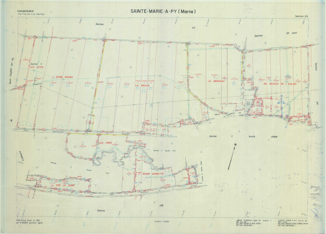 Sainte-Marie-à-Py (51501). Section ZX échelle 1/2000, plan remembré pour 1982 (extension sur Saint-Souplet-sur-Py section Y), plan régulier (calque)