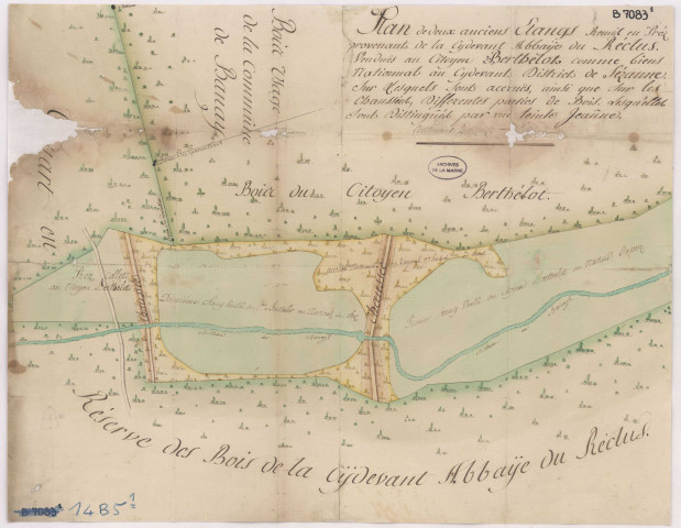 Plan de deux anciens étangs remis au préz provenant de la cydevant abbaÿe du Reclus, 1727.